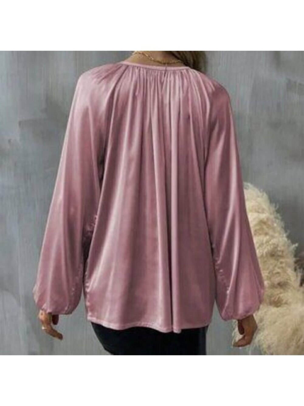 Dusty Pink Casual Women's Elegant Tie Collar Lantern Sleeve Ruched Blouse - Picture 5 of 5